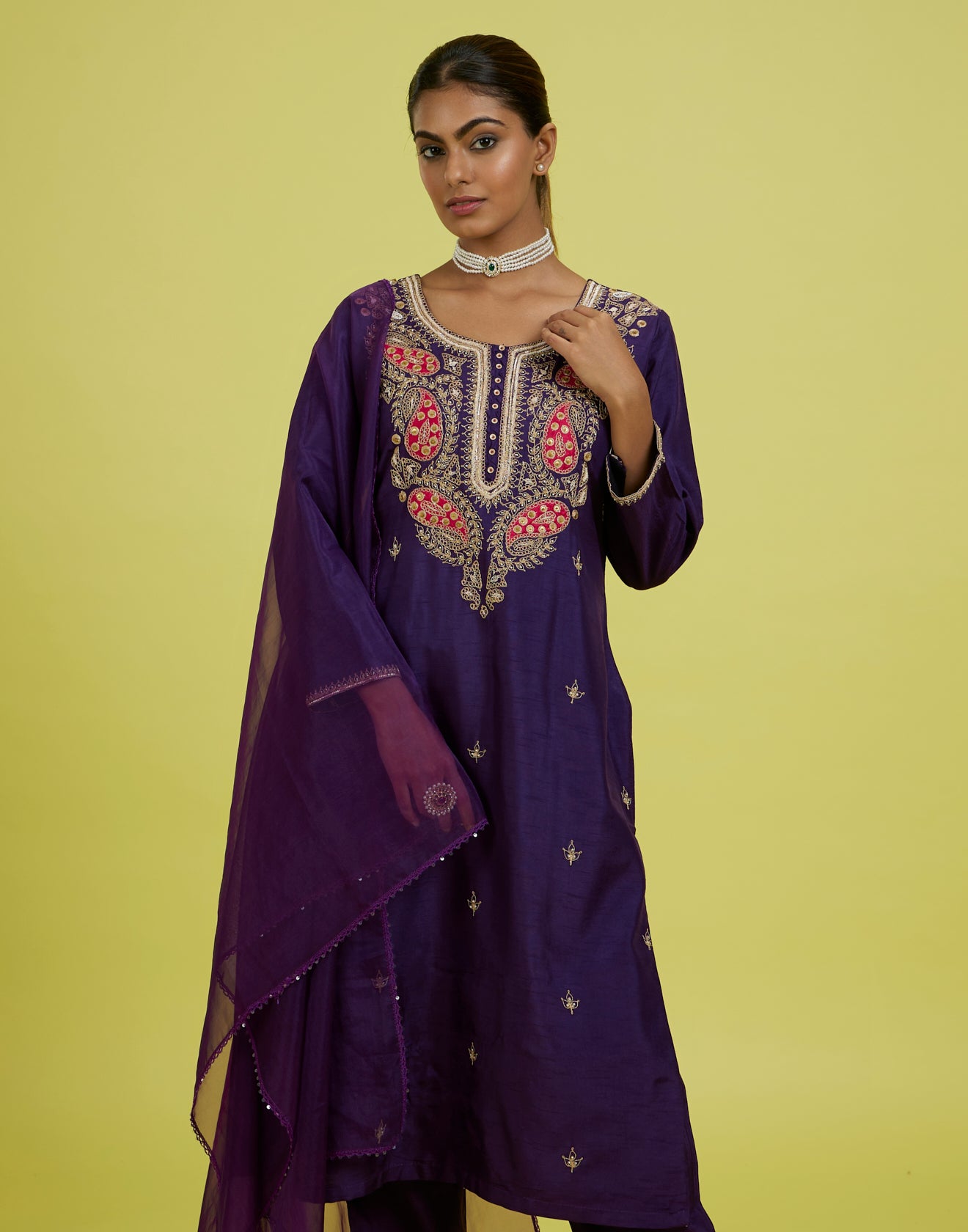 Purple Flame Embroidered Festive Kurta Set