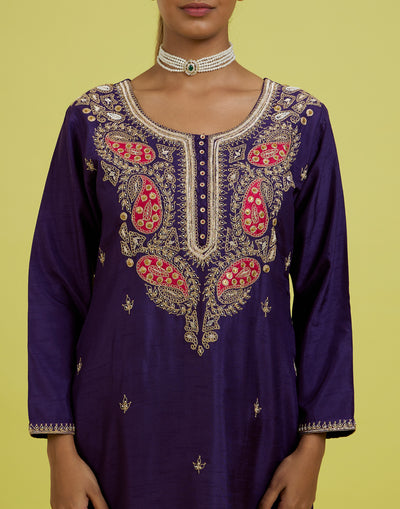 Purple Flame Embroidered Festive Kurta Set