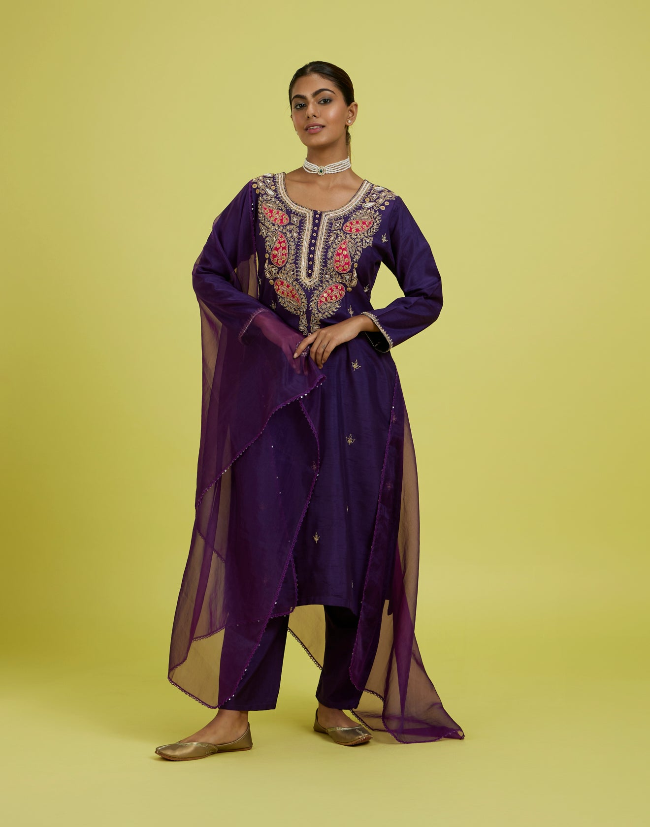 Purple Flame Embroidered Festive Kurta Set