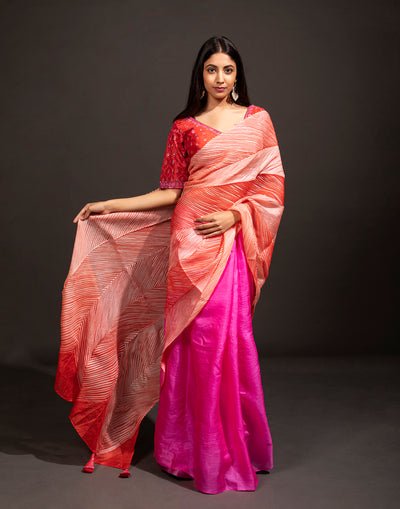 Radiant Red And Pink Ombre Crushed Saree With Stitched Blouse