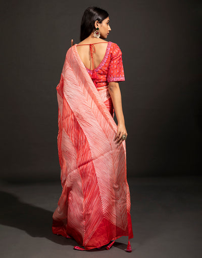 Radiant Red And Pink Ombre Crushed Saree With Stitched Blouse