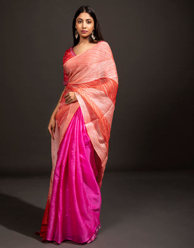 Radiant Red And Pink Ombre Crushed Saree With Stitched Blouse