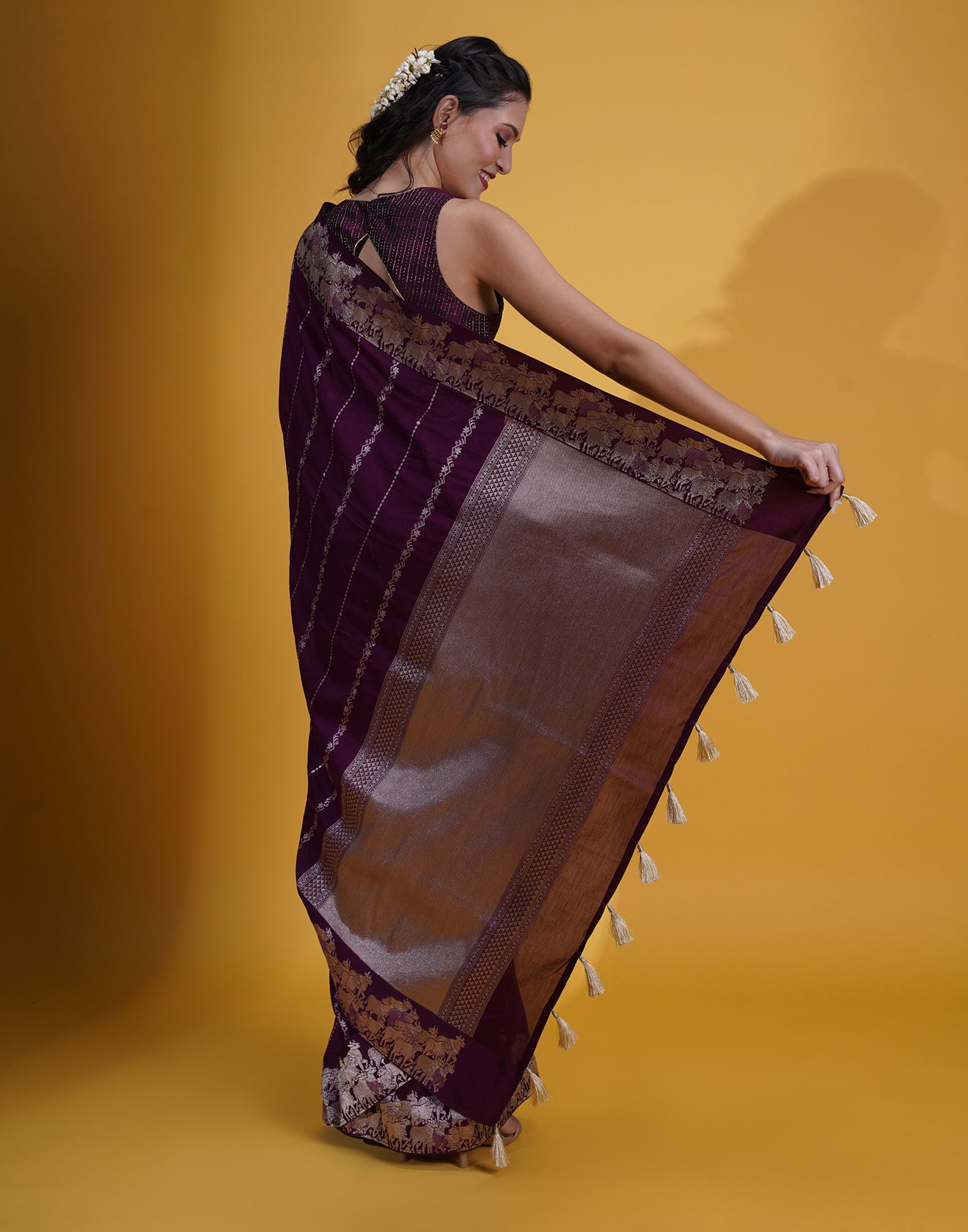 Raisin Plum Pichwai Weave Silk Saree