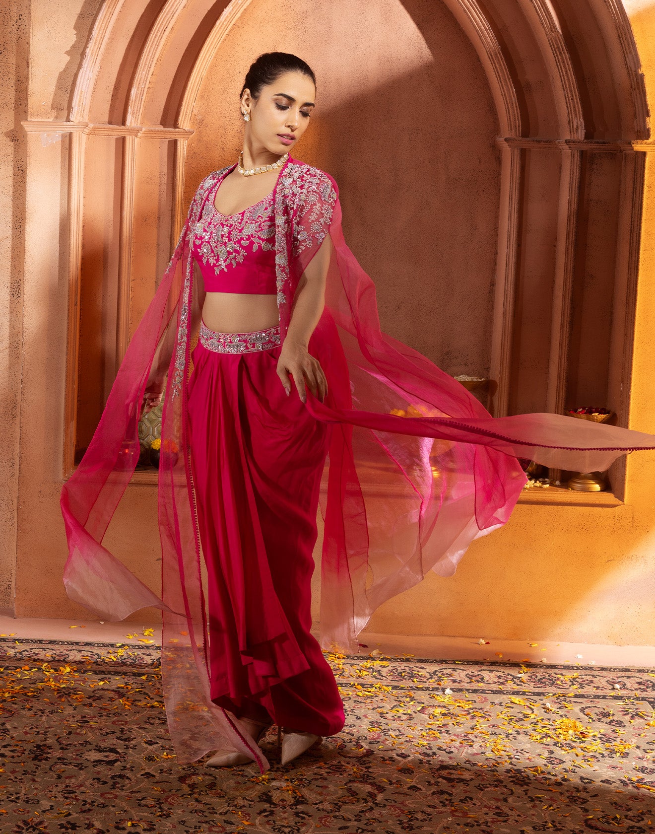 Raspberry Pink Embellished Festive Indo-Western Suit