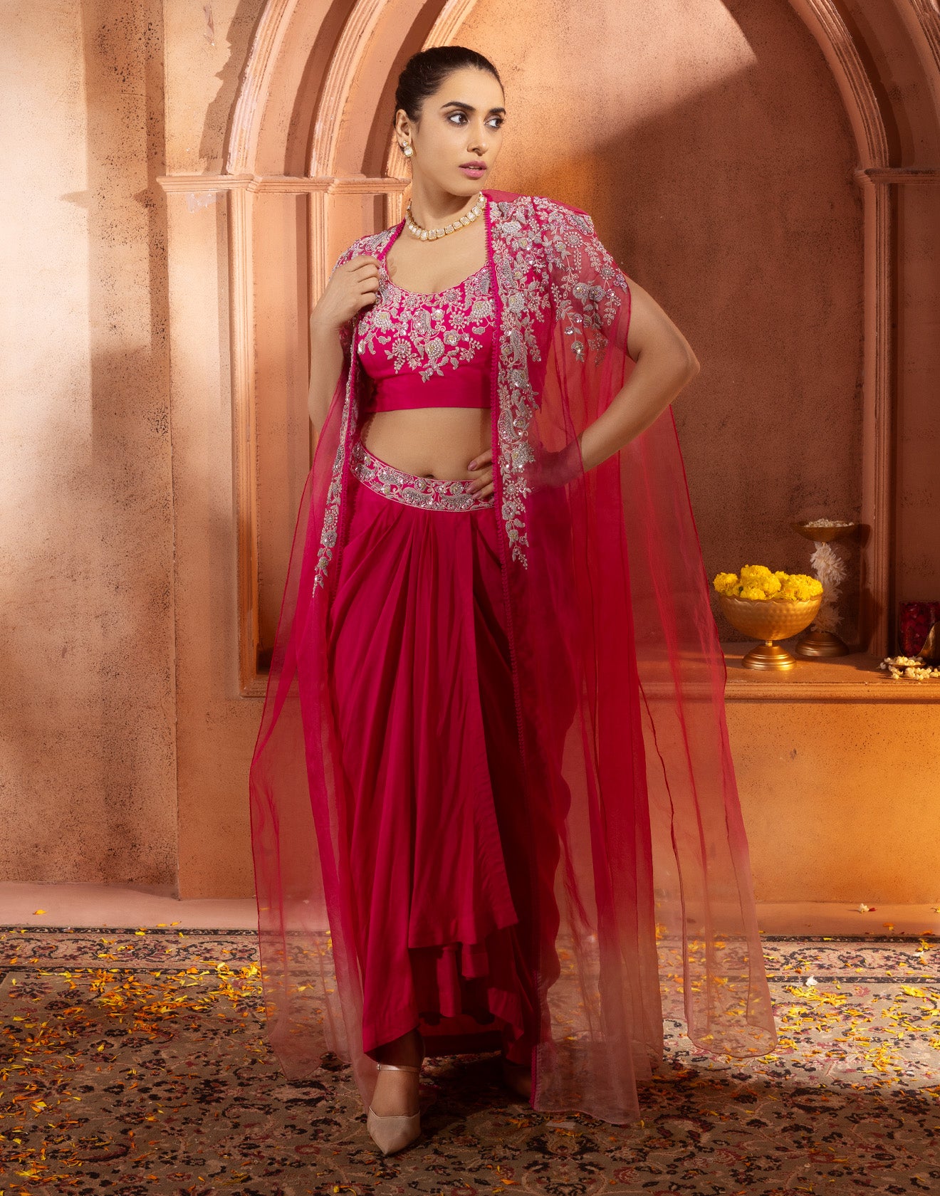 Raspberry Pink Embellished Festive Indo-Western Suit