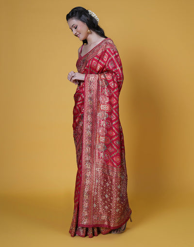 Red Bandhej Silk Saree With Mughal Motifs