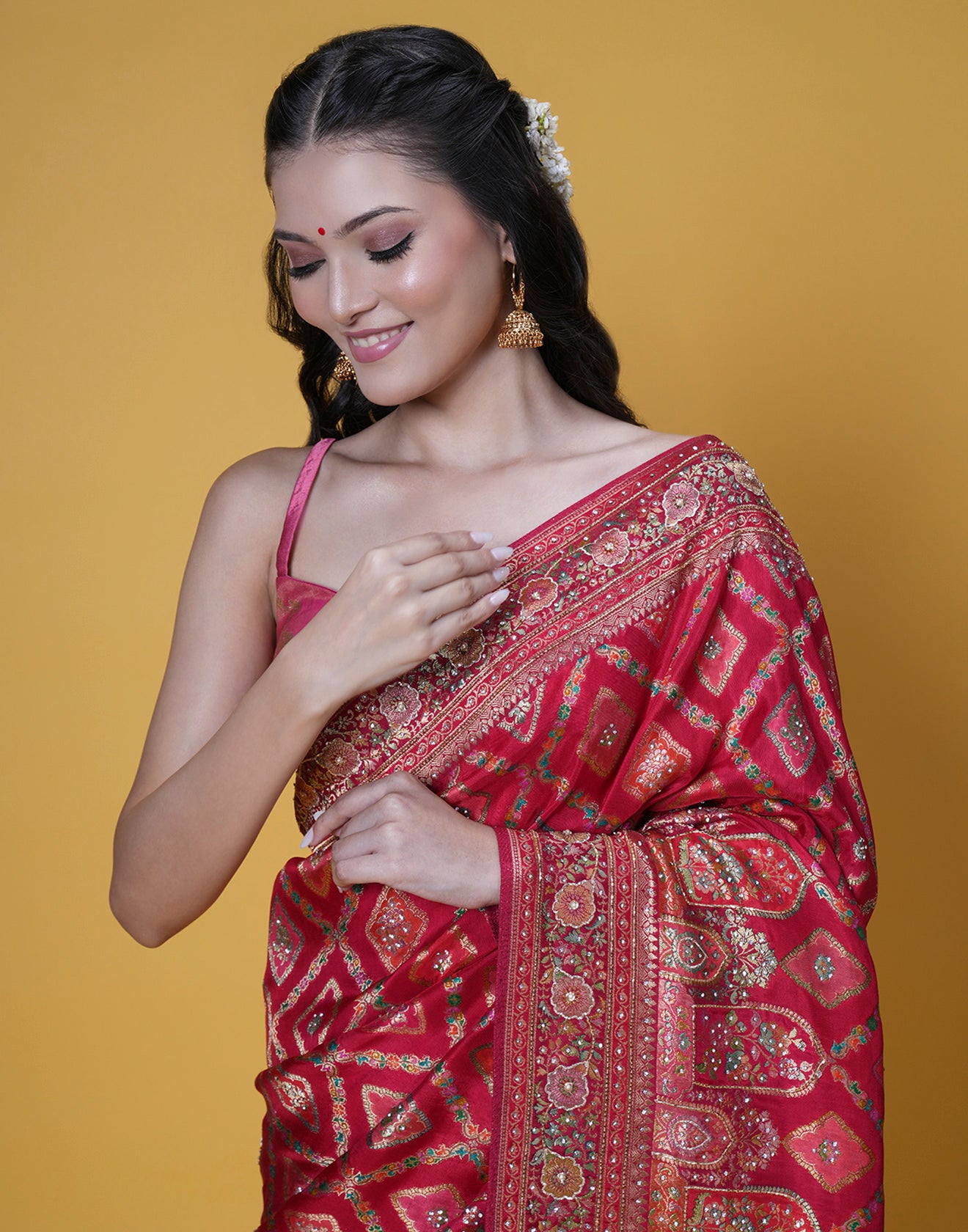 Red Bandhej Silk Saree With Mughal Motifs