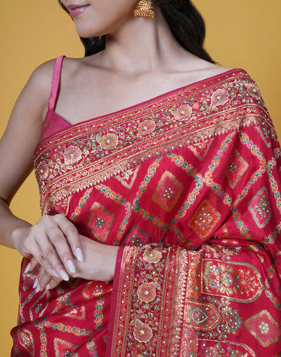 Red Bandhej Silk Saree With Mughal Motifs