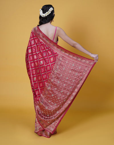 Red Bandhej Silk Saree With Mughal Motifs