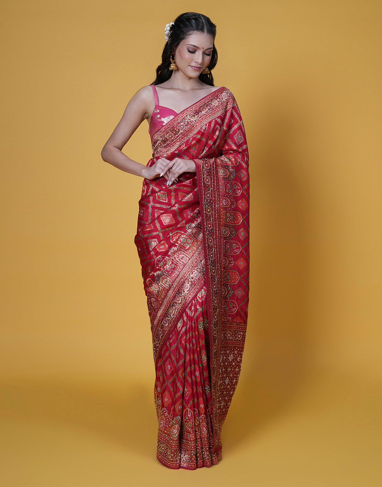 Red Bandhej Silk Saree With Mughal Motifs