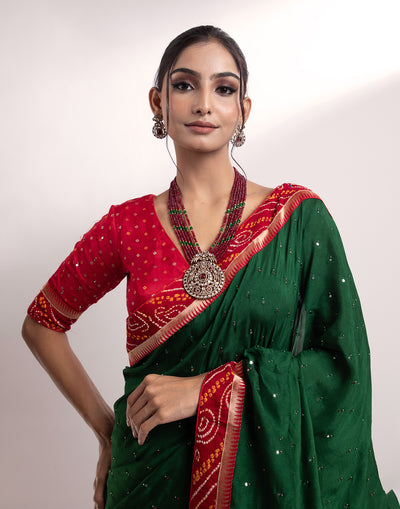 Verdant Green And Red Bandhej Dola Silk Saree With Stitched Blouse