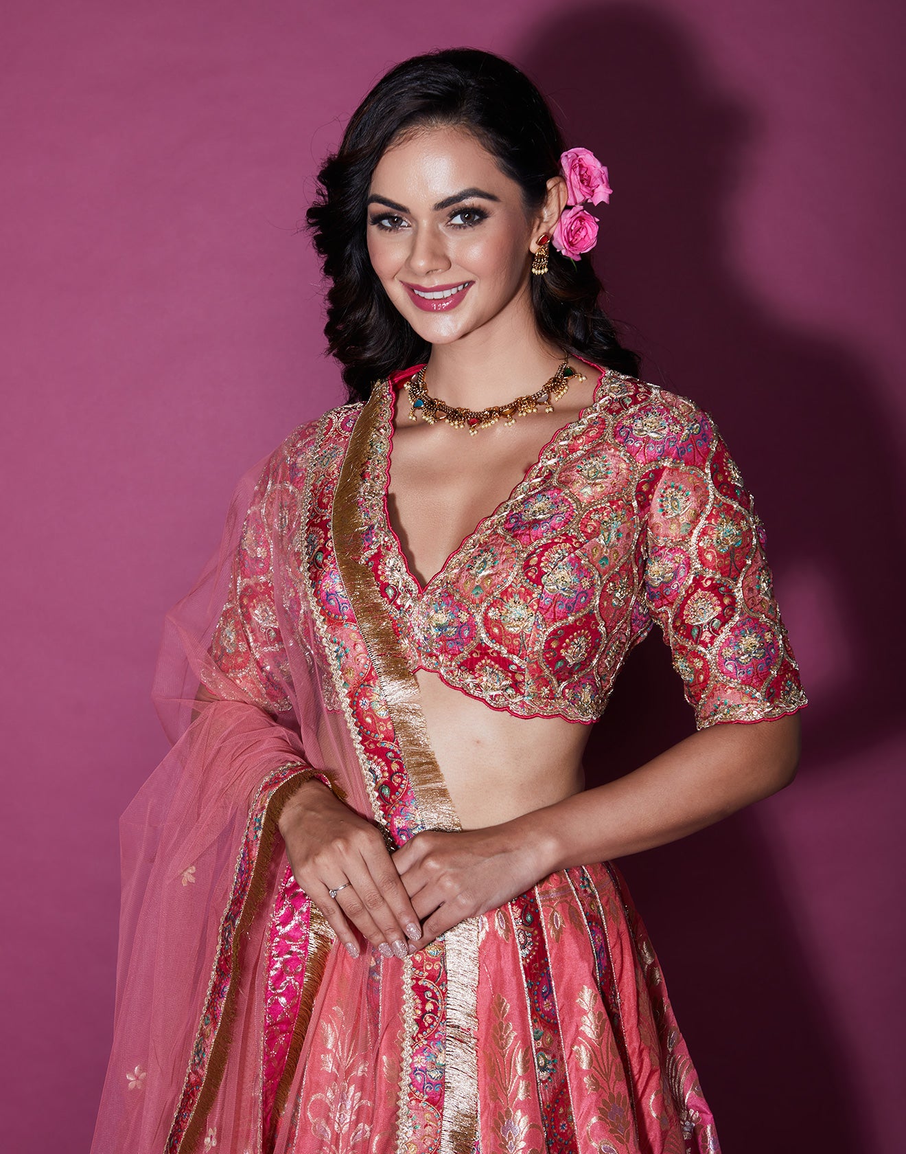 Rose Bloom Brocade Silk Lehenga Set