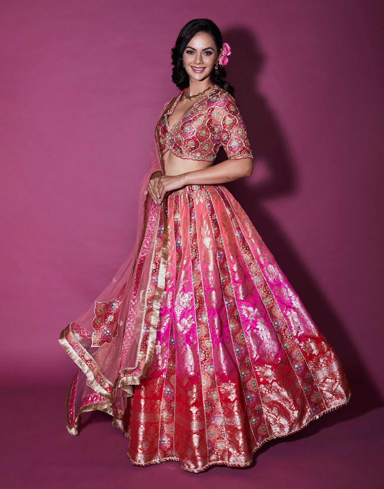 Rose Bloom Brocade Silk Lehenga Set