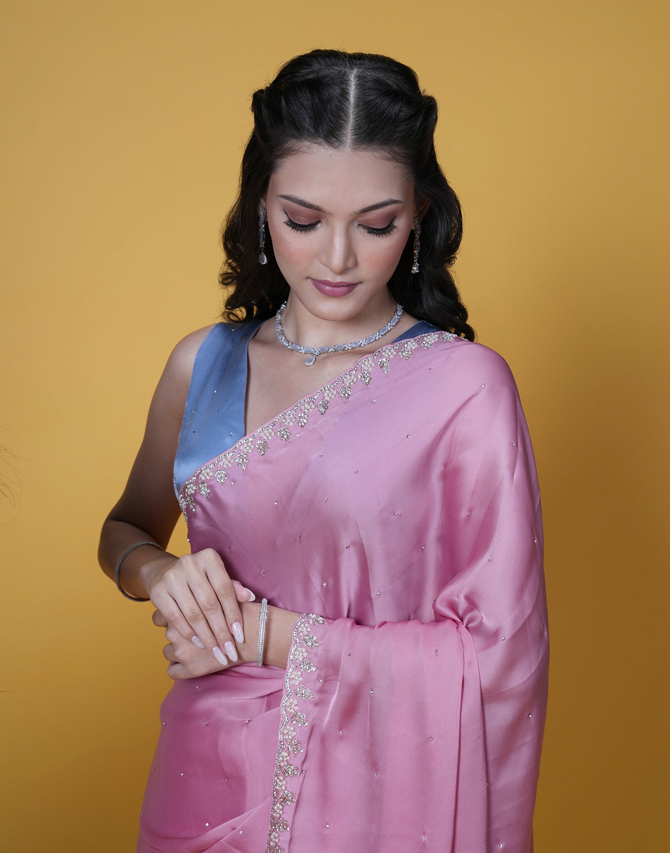 Rosé Blush Satin Embellished Saree