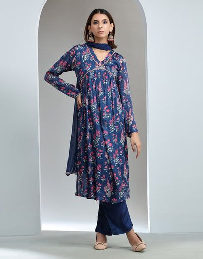 Royal Blue Floral Festive Kurta Set