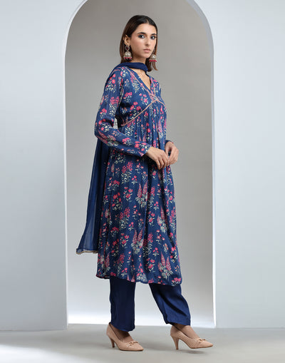 Royal Blue Floral Festive Kurta Set