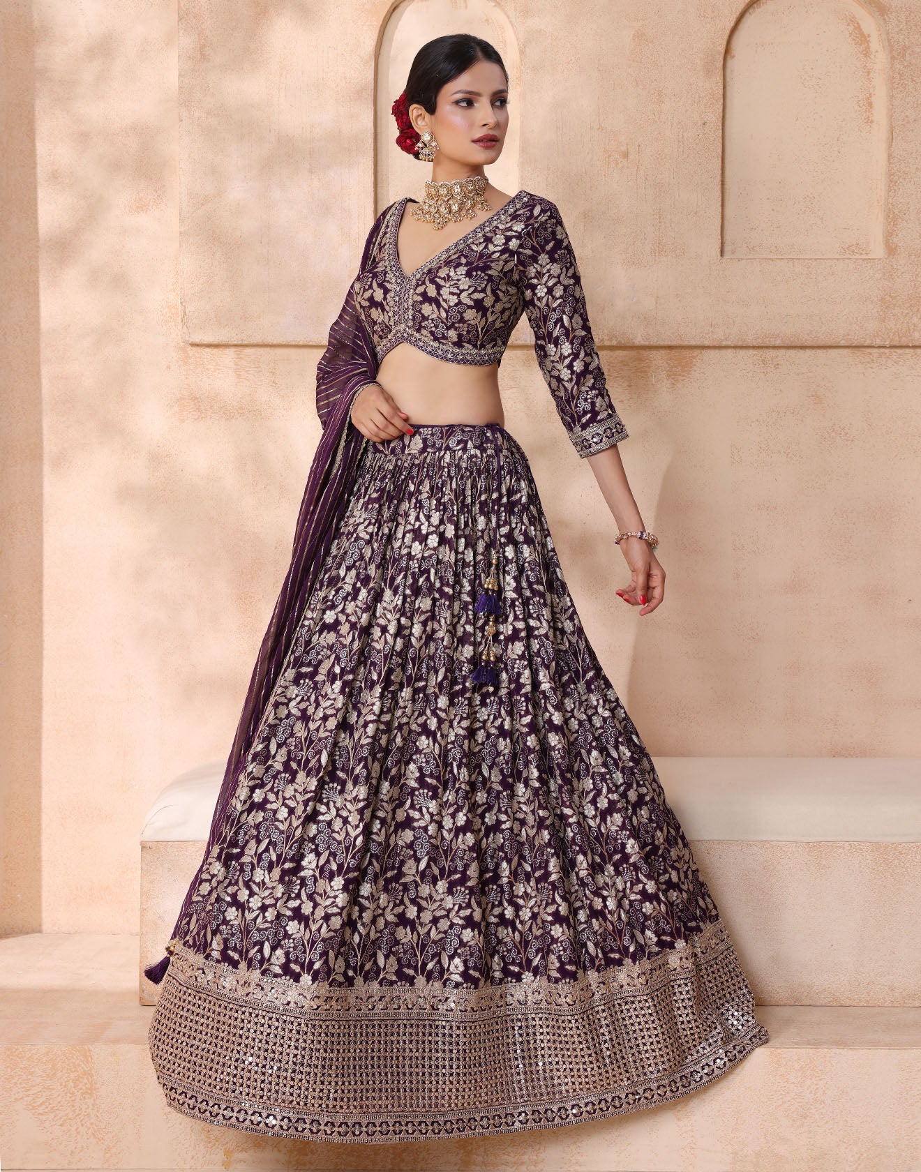 Royal Dark Purple Brocade Lehenga Set