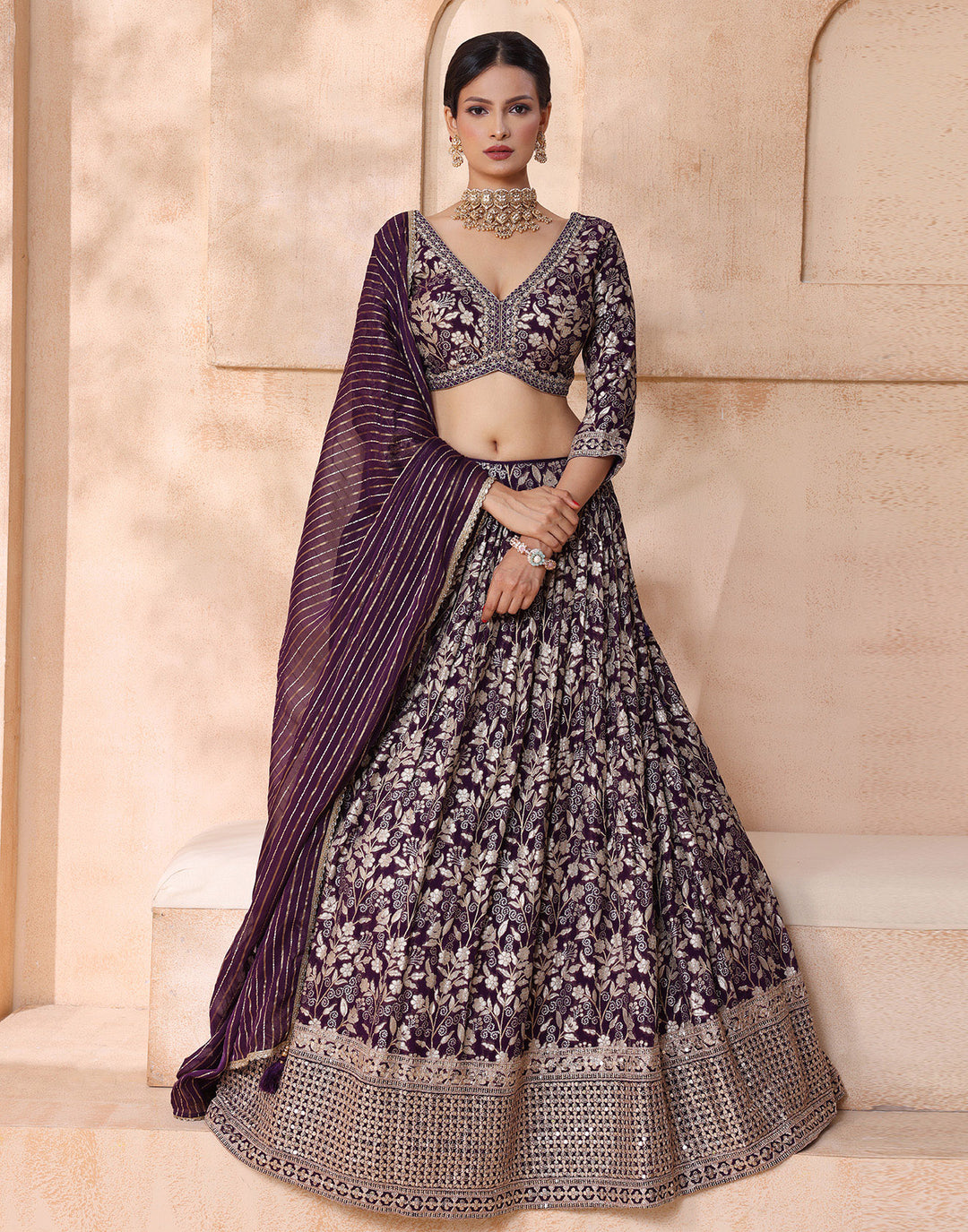 Buy Royal Dark Purple Brocade Lehenga Set online – Roopkala