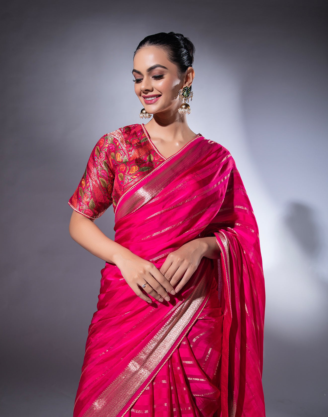 Ruby Red Floral Festive Saree With Stitched Blouse