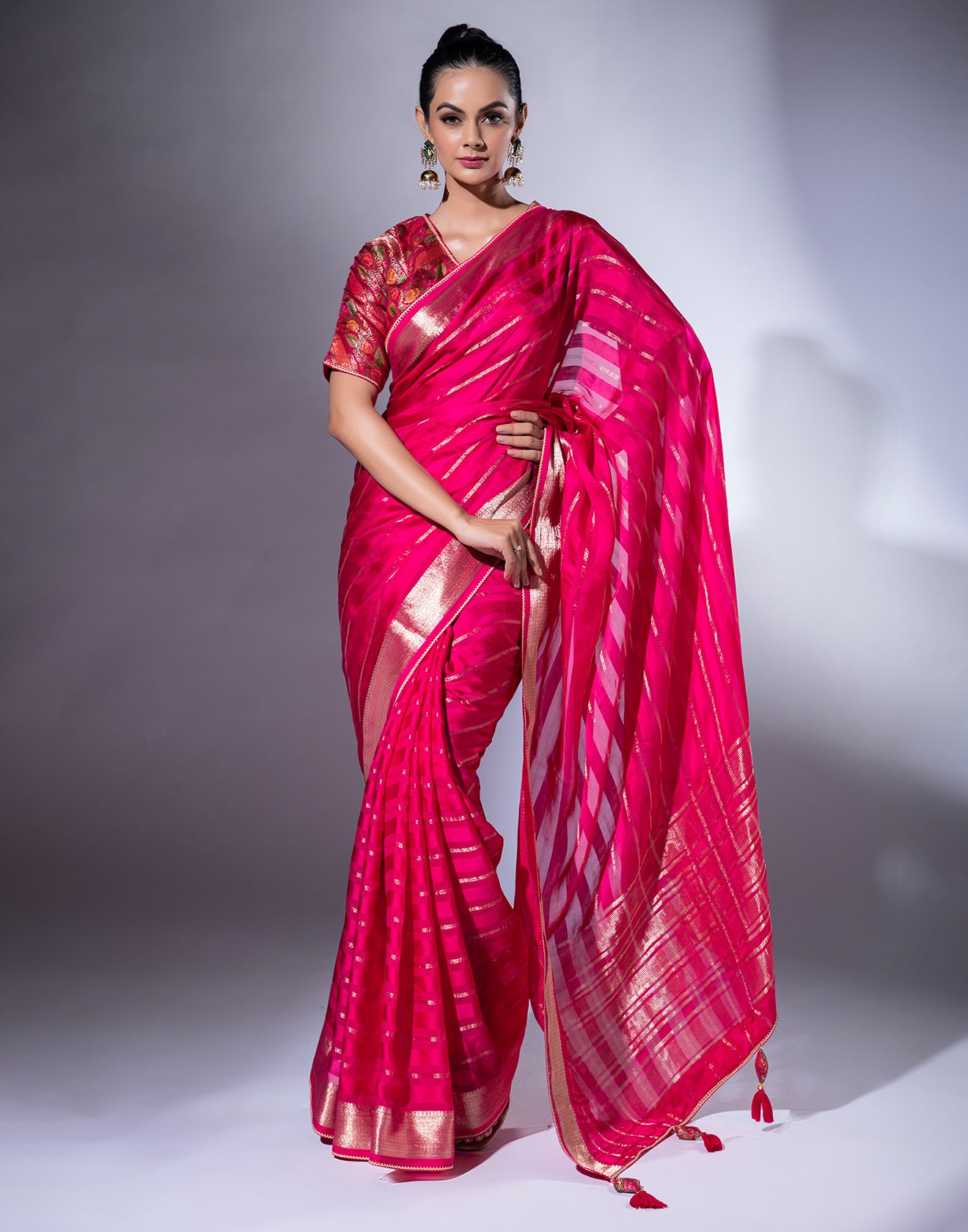Ruby Red Floral Festive Saree With Stitched Blouse