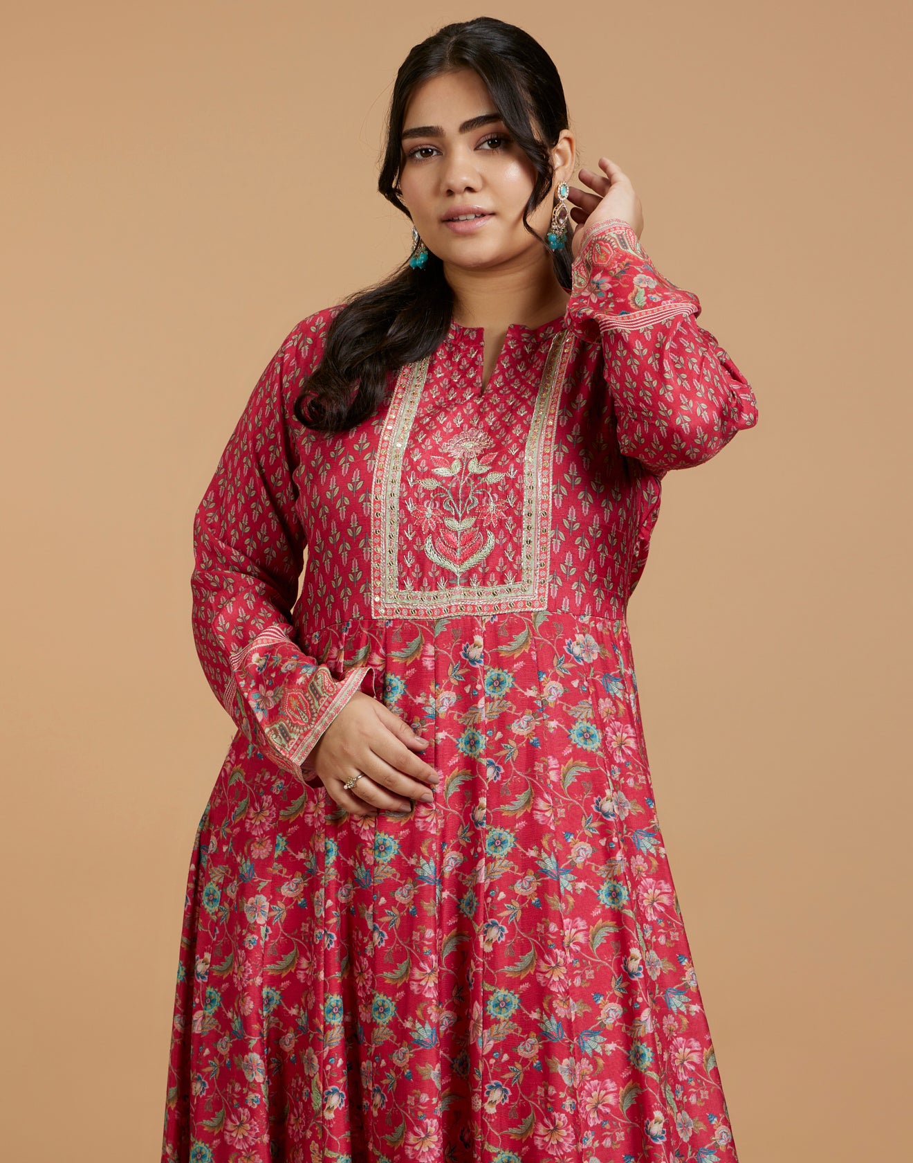 Rufous Red Kalamkari Printed Kurti With Hand Embroidered Yoke