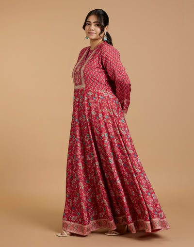 Rufous Red Kalamkari Printed Kurti With Hand Embroidered Yoke