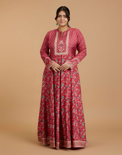 Rufous Red Kalamkari Printed Kurti With Hand Embroidered Yoke