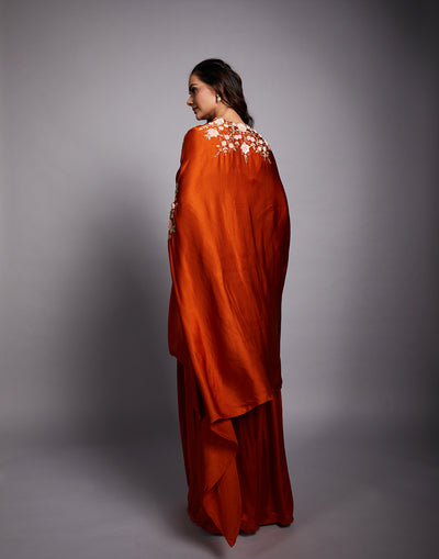 Rust Orange Embroidered Cape Set