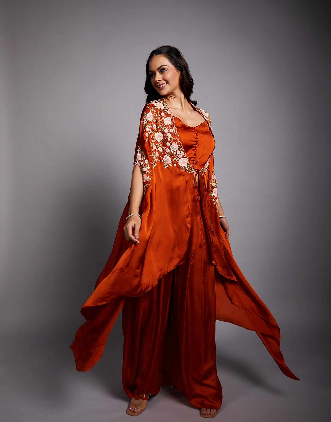 Rust Orange Embroidered Cape Set