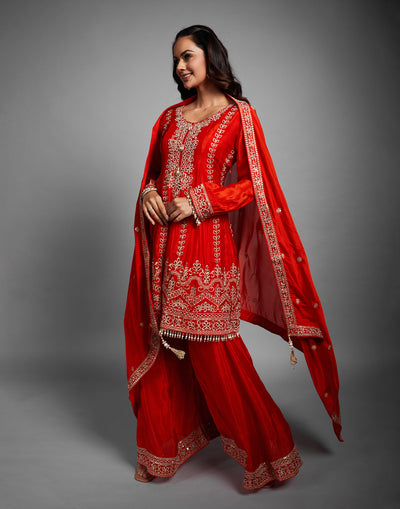 Rust Orange Zari Embroidered Festive Gharara Set