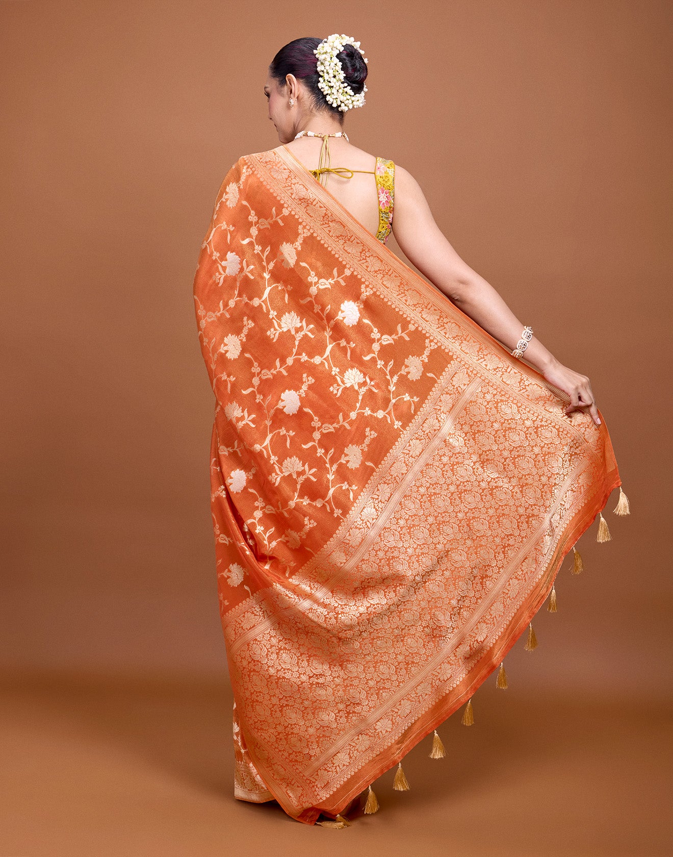 Rustic Fire Zari Floral Jaal Silk Saree