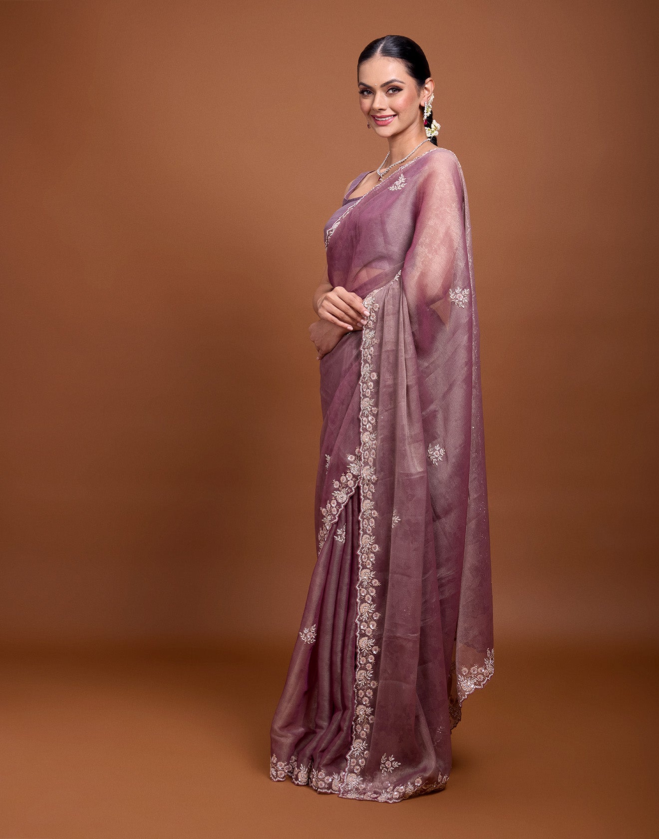 Rustic Wine Self-Print Embellished Saree