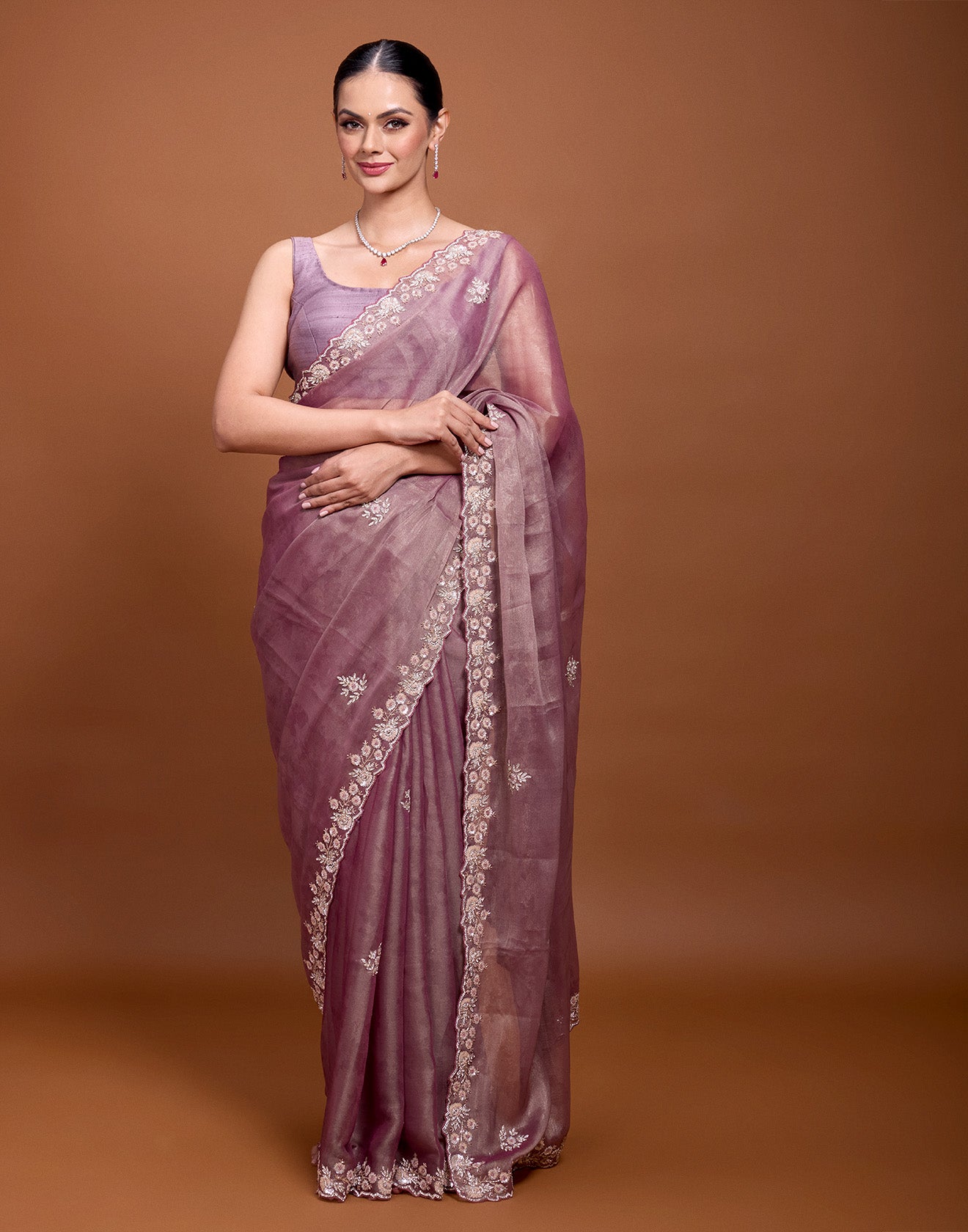 Rustic Wine Self-Print Embellished Saree