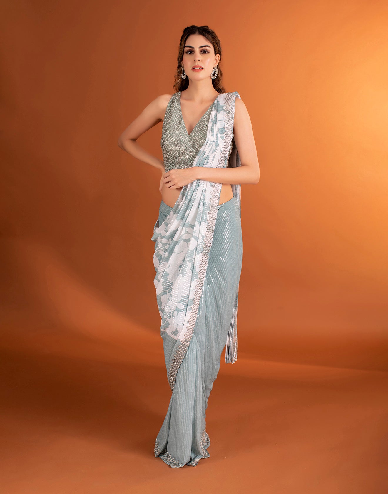 Sage Green Embellished Pre stitched saree