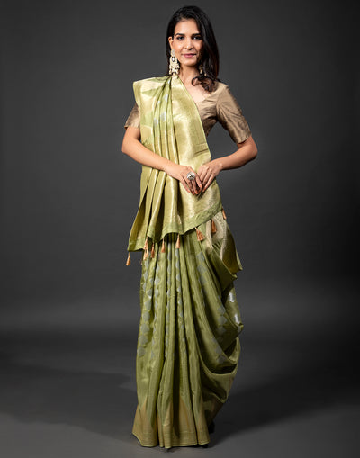 Sage Green Festive Saree With Embroidered Buttas
