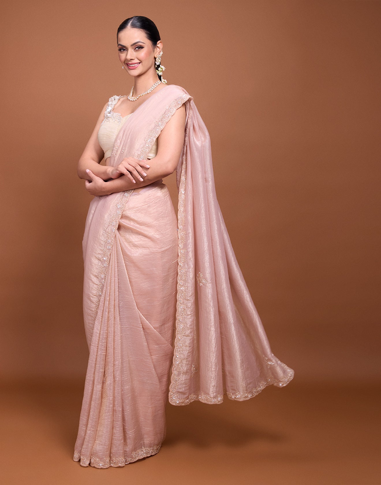 Salmon Peach Embellished Festive Saree