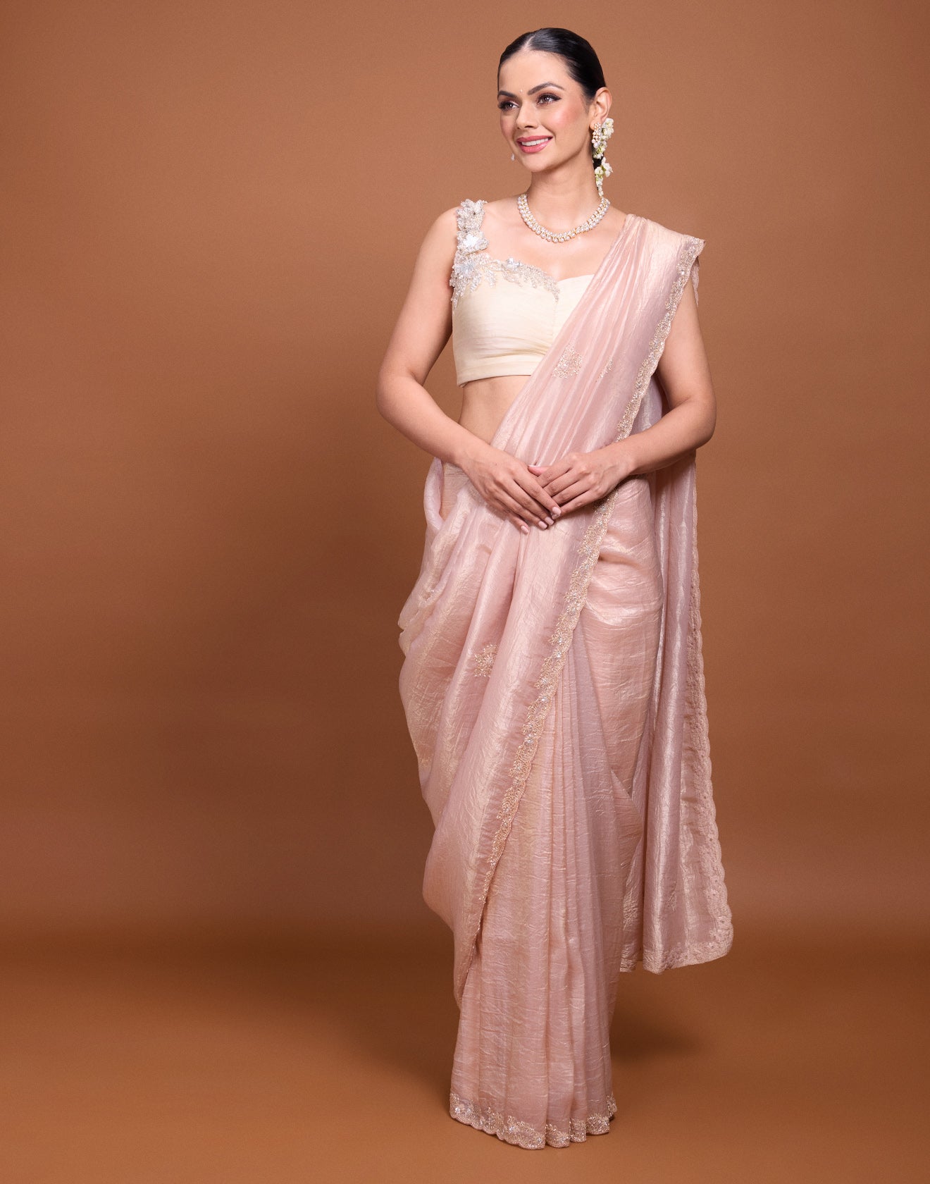 Salmon Peach Embellished Festive Saree