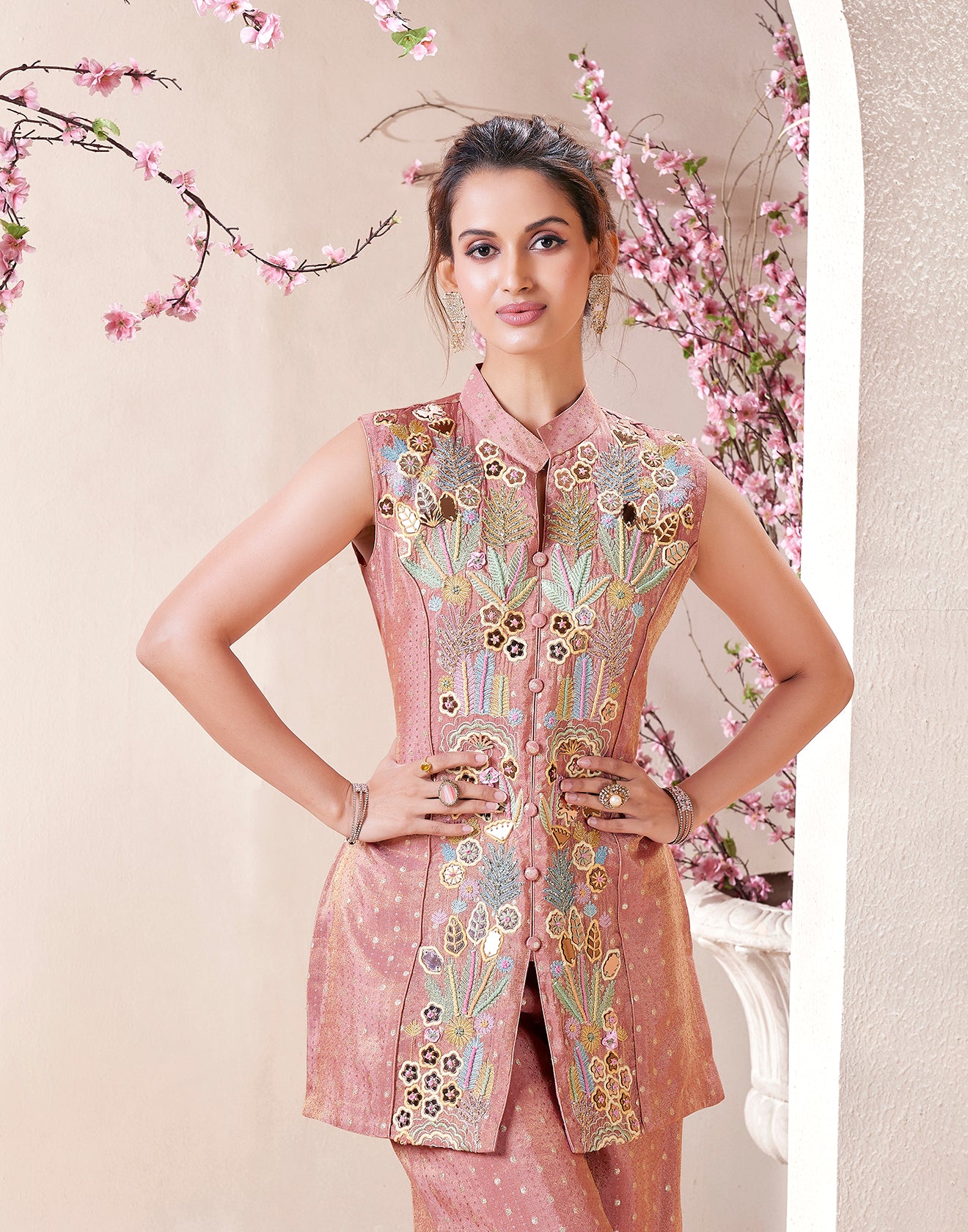 Salmon Peach Shimmer Silk Embroidered Koti Salwar Suit