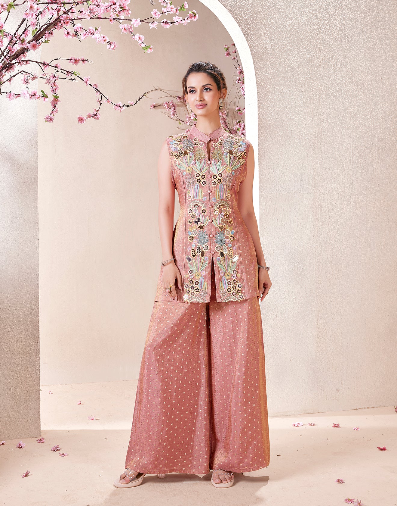 Salmon Peach Shimmer Silk Embroidered Koti Salwar Suit