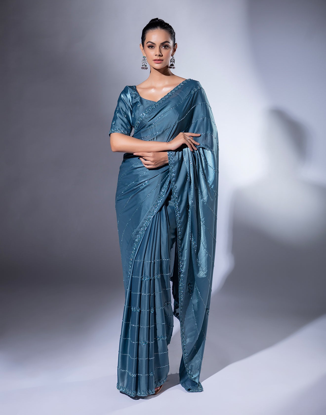 Midnight Blue Embellished Saree With Sequin Blouse – Roopkala