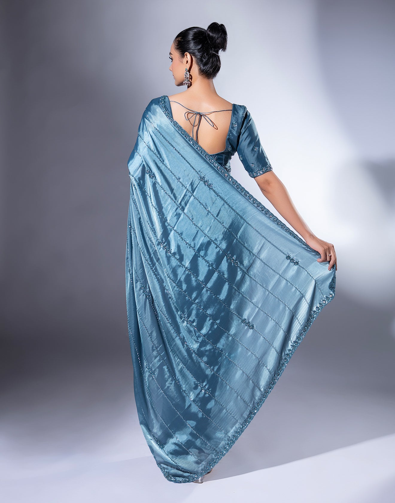 Sapphire Blue Embroidered Saree With Stitched Blouse