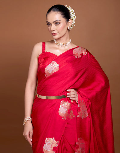 Scarlet Red Jacquard Silk Saree With Traditional Haati Border