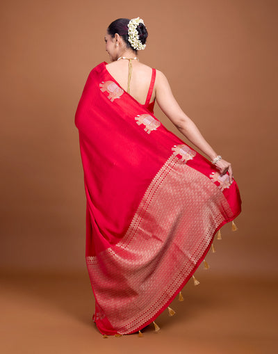 Scarlet Red Jacquard Silk Saree With Traditional Haati Border