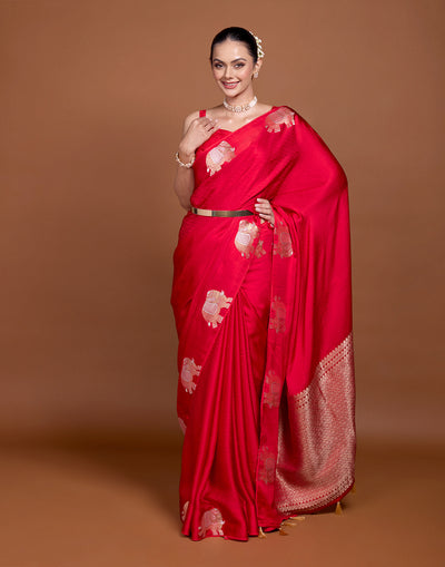 Scarlet Red Jacquard Silk Saree With Traditional Haati Border