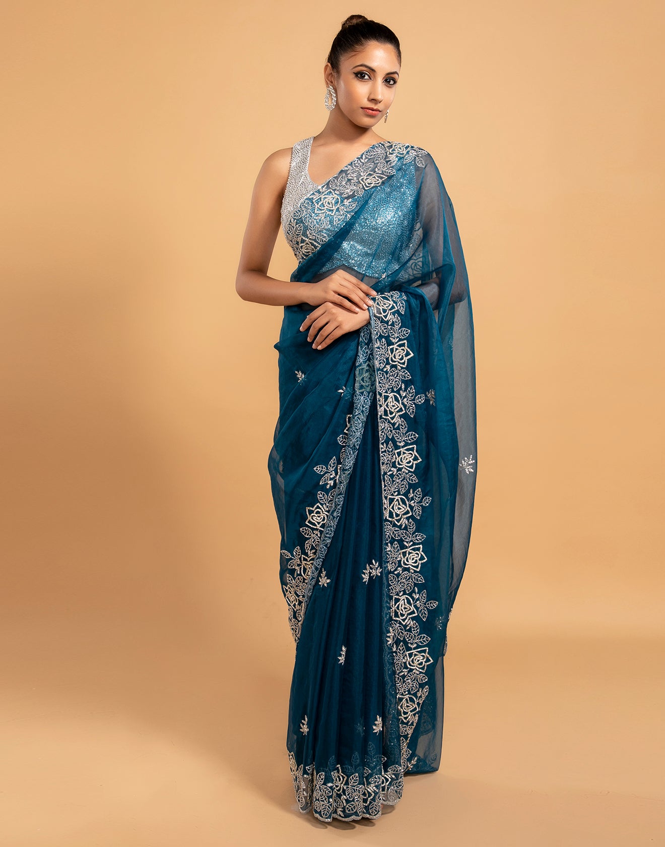 Sea Blue Embroidered Saree In Organza