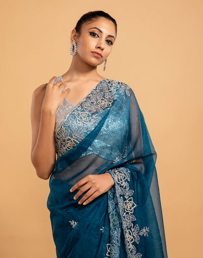 Sea Blue Embroidered Saree In Organza