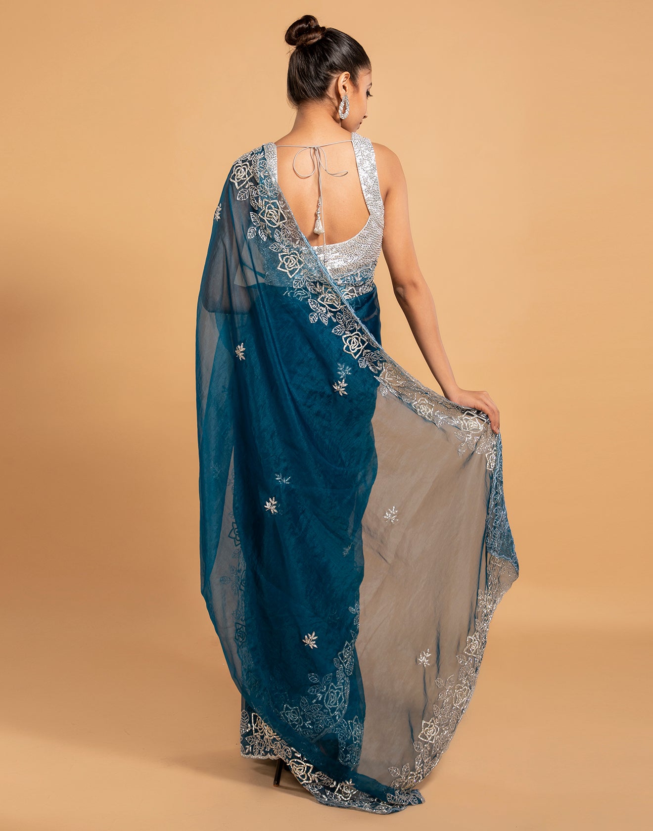 Sea Blue Embroidered Saree In Organza