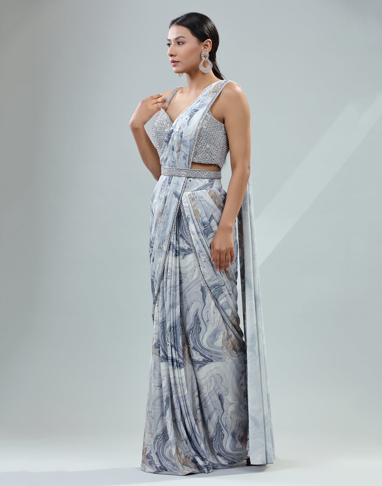 Serenity Blue Pre-Stitched Saree With Embellished Corset Blouse