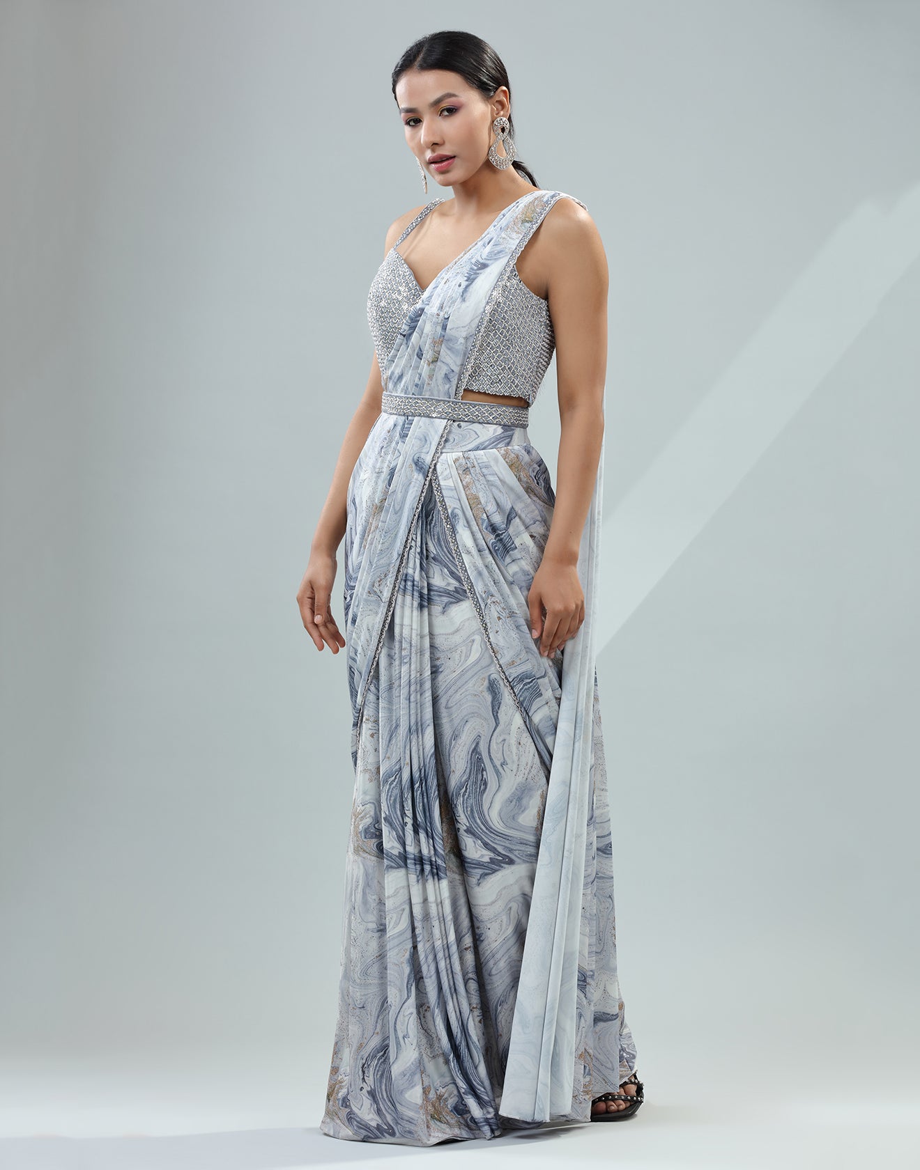 Serenity Blue Pre-Stitched Saree With Embellished Corset Blouse