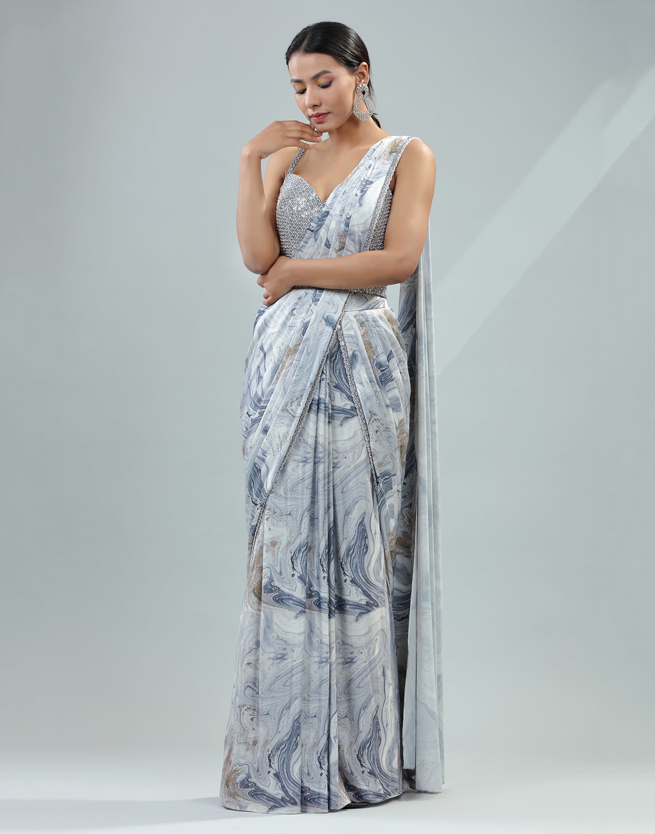 Serenity Blue Pre-Stitched Saree With Embellished Corset Blouse